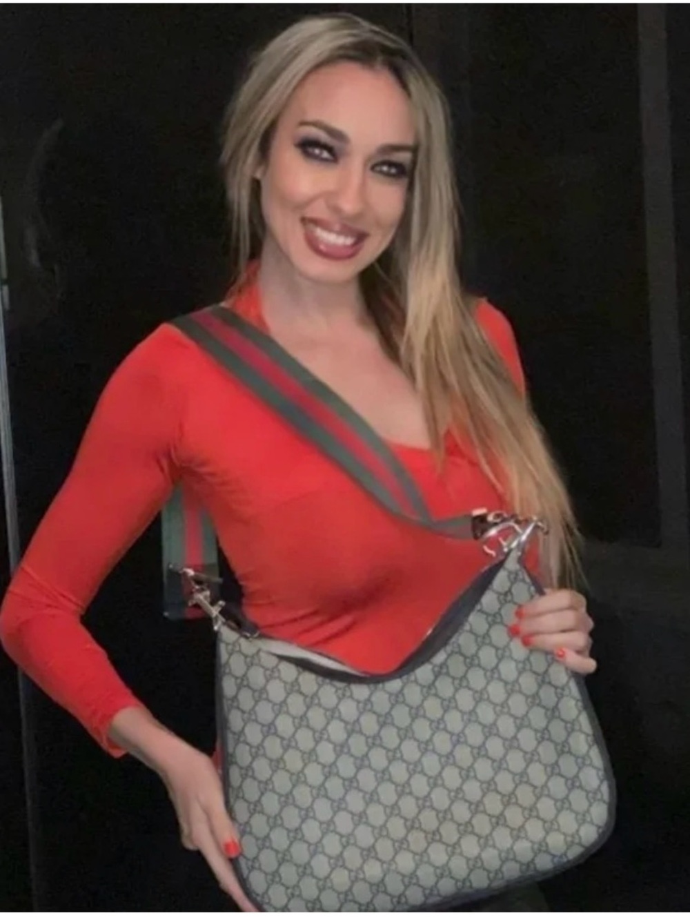 Designer Monogram Shoulder Bag in Beige/Gray with Web Strap